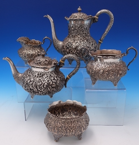 Tea Set 5-pc sold AS-IS It has some dents / dings, and pushed in feet on a few pieces 58.49 ozt total weight sku# 7569-m-h - Repousse by Hennegan & Bates - Sterling - With Monogram
